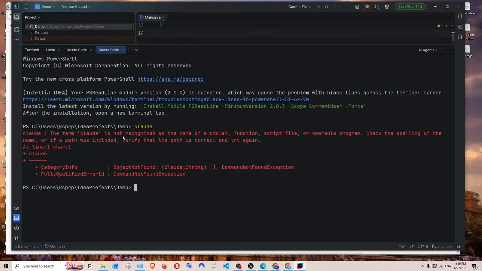 IntelliJ IDEA terminal tool window running Windows PowerShell where typing claude fails with the red error The term claude is not recognized as the name of a cmdlet and CommandNotFoundException below it