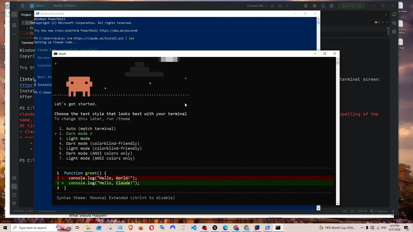 Windows Command Prompt running claude successfully after the Path fix, showing the Claude Code mascot, the message Lets get started, and the Choose the text style list with Dark mode selected above a red and green preview snippet