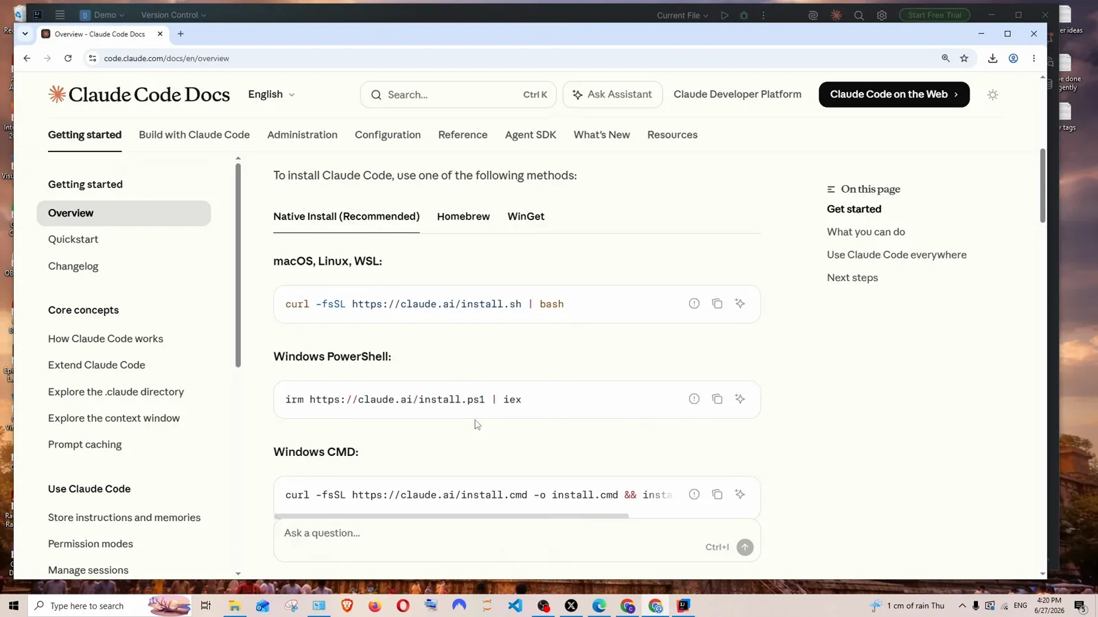 Claude Code Docs getting started page listing install methods with Native Install recommended, showing curl for macOS Linux and WSL plus irm https://claude.ai/install.ps1 | iex under Windows PowerShell