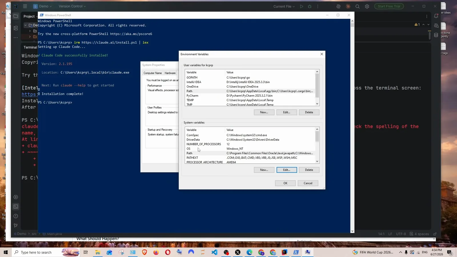 Windows Environment Variables dialog open over PowerShell showing Claude Code successfully installed with version 2.1.195 and location C:\Users\kcprp\.local\bin\claude.exe, with the user Path and system Path entries visible for editing