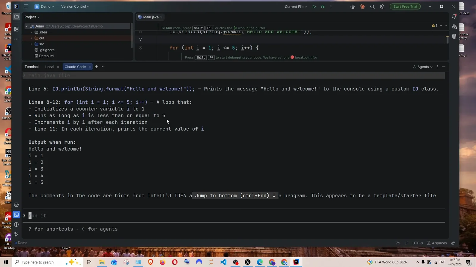 Claude Code explanation inside IntelliJ IDEA covering line 6 of Main.java, a Lines 8-12 loop breakdown of counter initialization, the i is less than or equal to 5 condition and the increment, and the Output when run listing i = 1 through i = 5