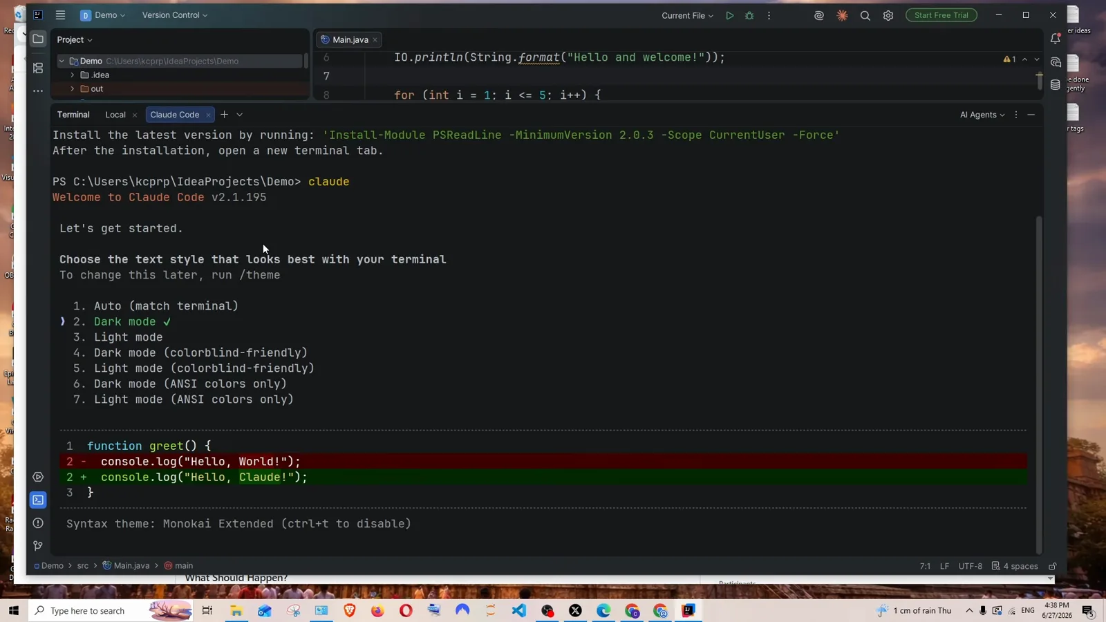 Claude Code tool window docked inside IntelliJ IDEA running the same onboarding, with Welcome to Claude Code v2.1.195 and a seven-option text style picker ranging from Auto match terminal to Light mode ANSI colors only