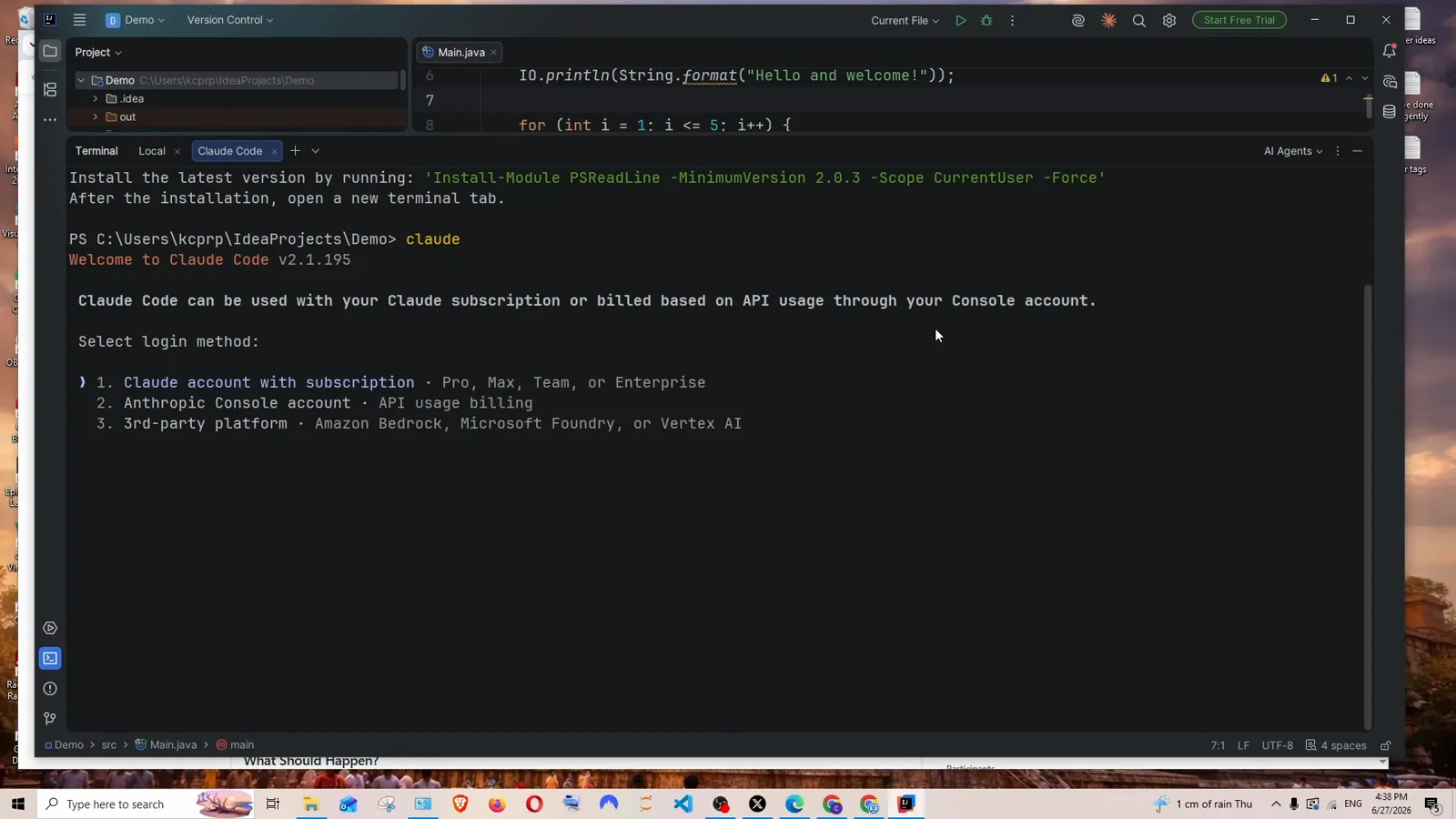 Claude Code onboarding inside IntelliJ IDEA asking to Select login method between a Claude account with subscription for Pro Max Team or Enterprise, an Anthropic Console account with API usage billing, and a 3rd-party platform like Amazon Bedrock