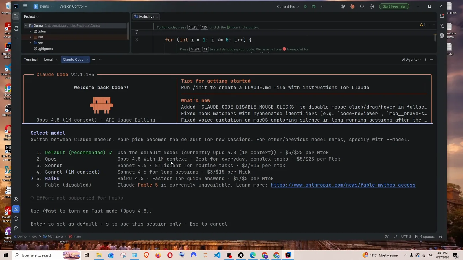 Claude Code Select model menu in IntelliJ IDEA listing Default recommended Opus 4.8 at $5/$25 per Mtok, Sonnet 4.6 at $3/$15, Sonnet 1M context, and Haiku 4.5 at $1/$5 highlighted as the pick with a disabled Fable row below