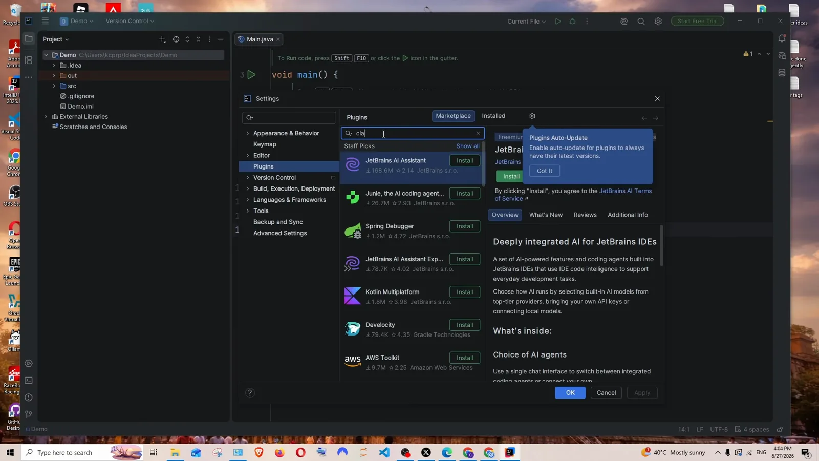 IntelliJ IDEA Settings dialog open on the Plugins Marketplace tab with cla typed into the marketplace search box and JetBrains AI Assistant heading the Staff Picks list