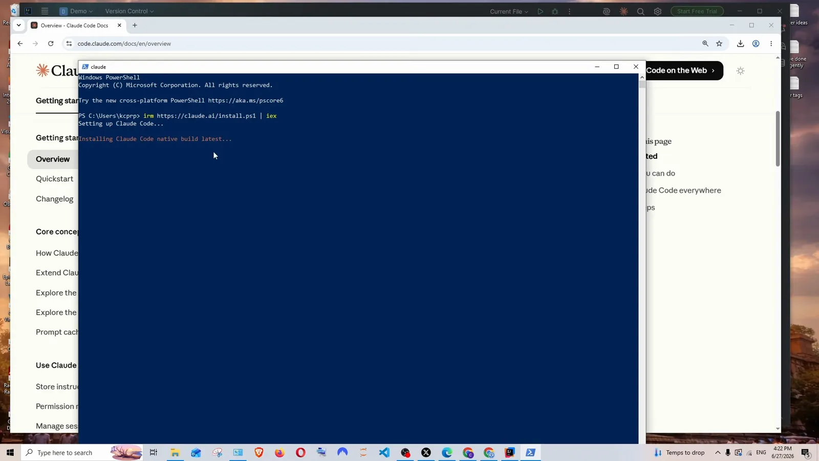 Windows PowerShell window opened over the Claude Code docs running irm https://claude.ai/install.ps1 | iex with Setting up Claude Code and Installing Claude Code native build latest in the output