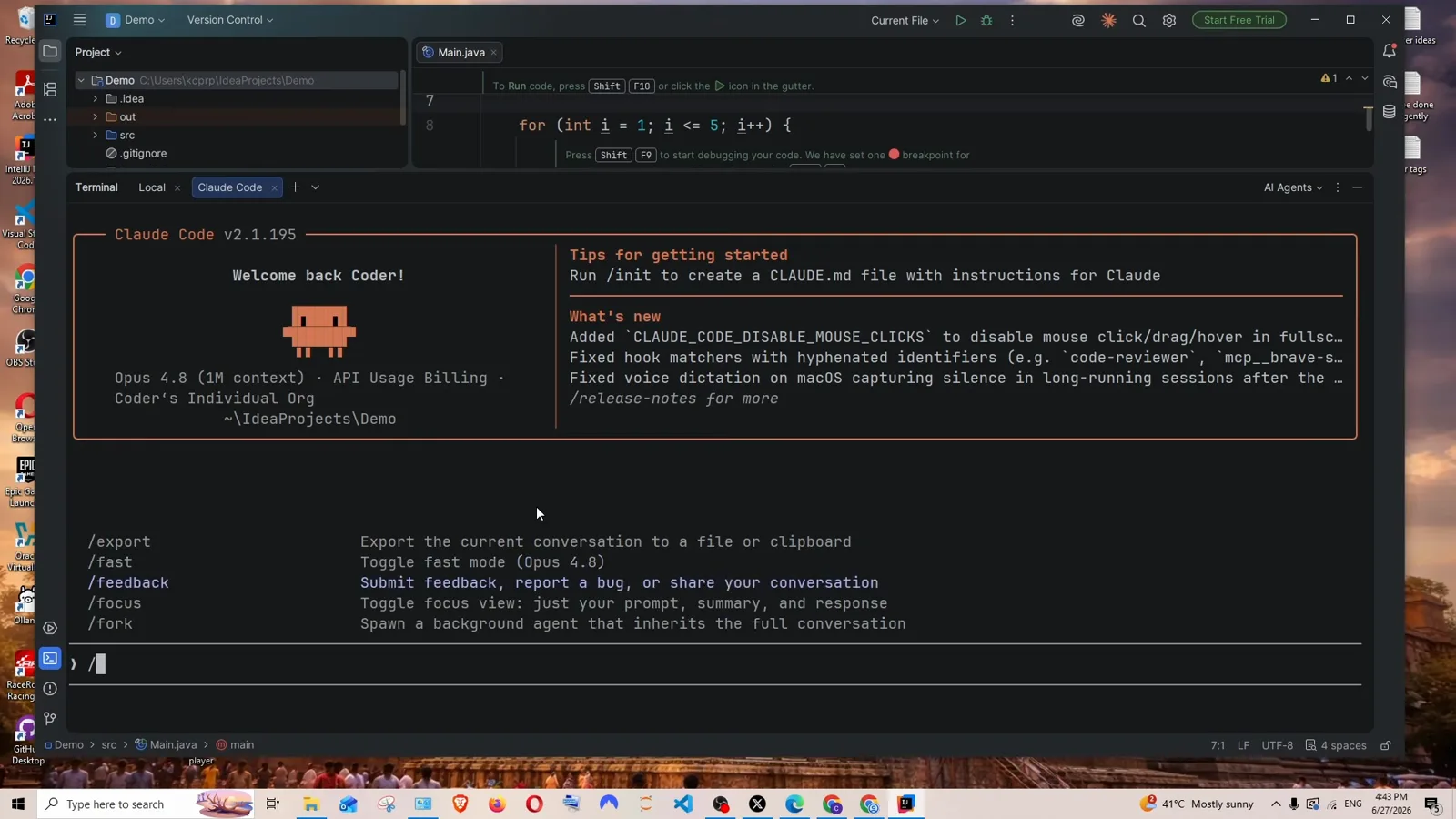 Claude Code welcome screen inside IntelliJ IDEA reading Welcome back Coder with Opus 4.8 1M context and API Usage Billing, next to Tips for getting started and a slash command menu listing /export, /fast, /feedback, /focus and /fork