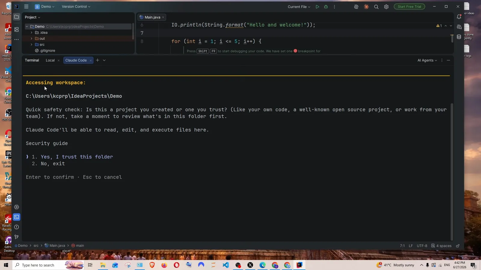 Claude Code panel in IntelliJ IDEA showing the Accessing workspace safety check for C:\Users\kcprp\IdeaProjects\Demo with a quick safety check message and the options 1. Yes, I trust this folder and 2. No, exit