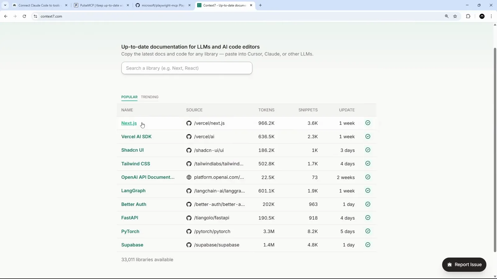 Context7 website directory listing the libraries it can fetch up-to-date documentation for, including Next.js, Tailwind CSS, Shadcn UI and Supabase