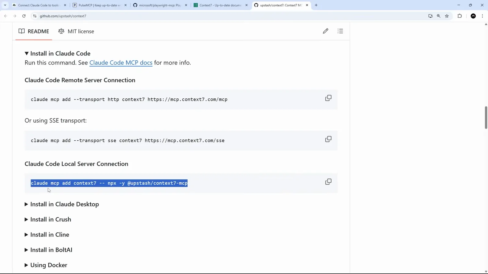 Context7 GitHub README with the Claude Code local server connection command highlighted and ready to copy into a terminal