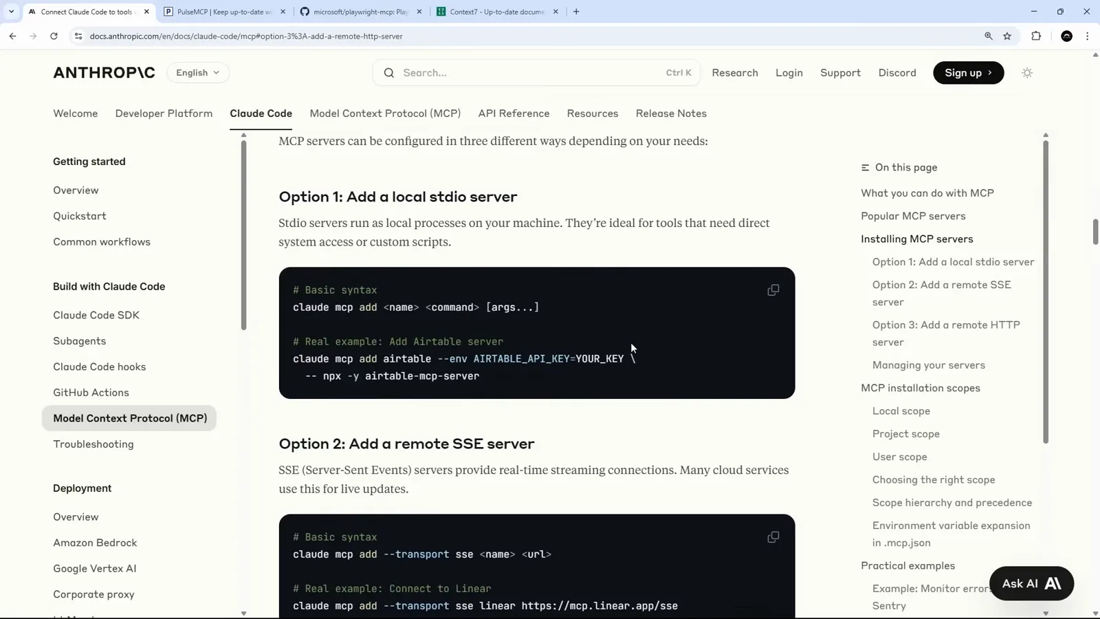 Anthropic's Claude Code MCP documentation showing Option 1 for adding a local stdio server with the claude mcp add command syntax