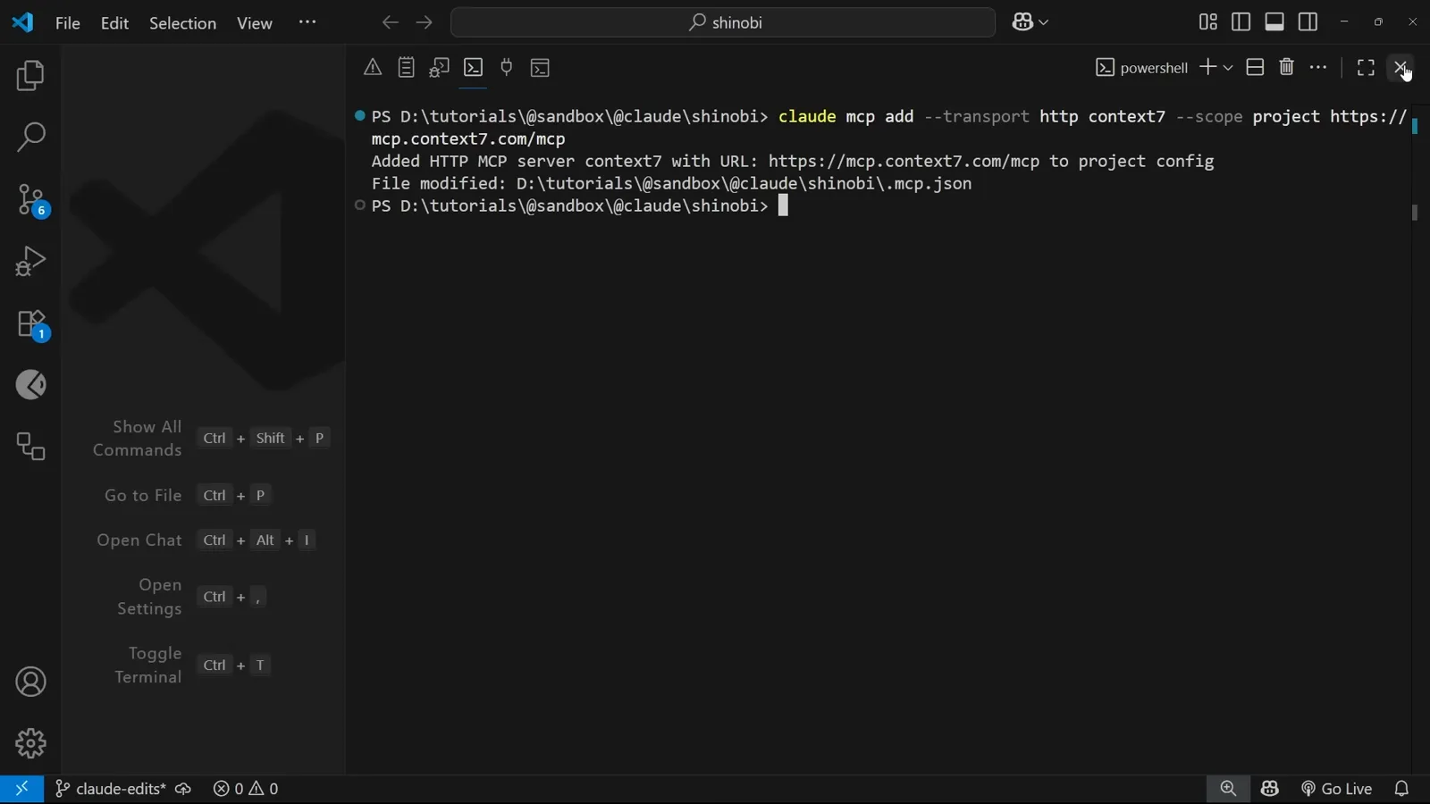 Terminal output confirming an HTTP MCP server was added to project config after running claude mcp add --transport http for Context7
