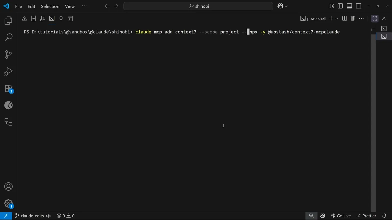 Terminal running claude mcp add context7 with the --scope project flag and the npx command for the Context7 MCP server