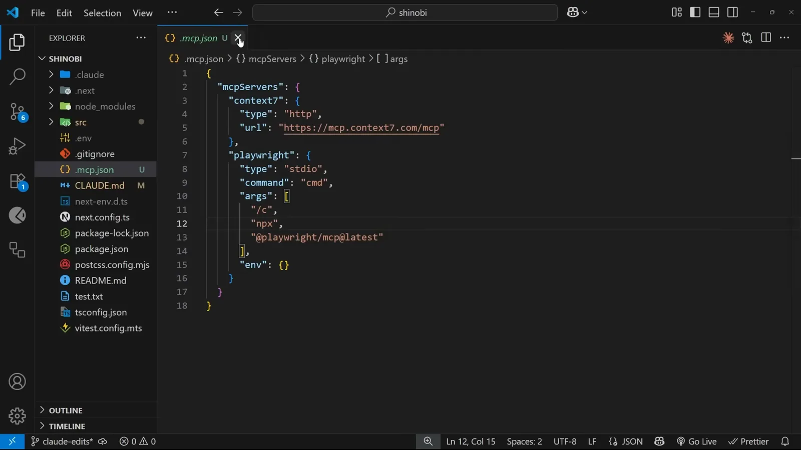 VS Code showing .mcp.json with two configured servers side by side: context7 on the HTTP transport and playwright as a local stdio process