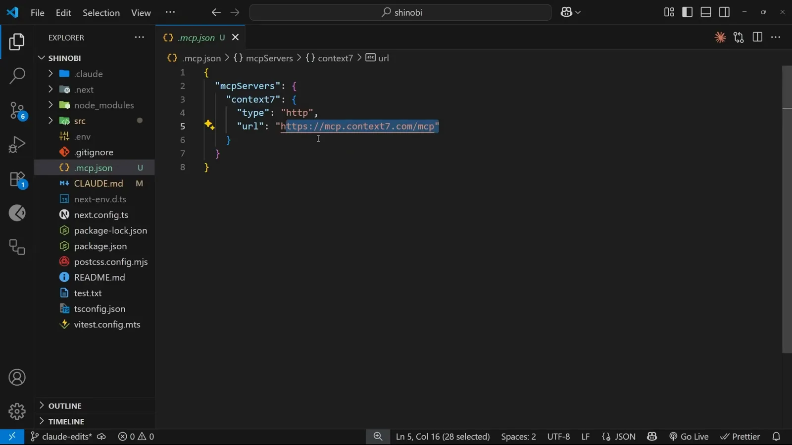 VS Code displaying the .mcp.json entry for context7 with type set to http and the URL https://mcp.context7.com/mcp