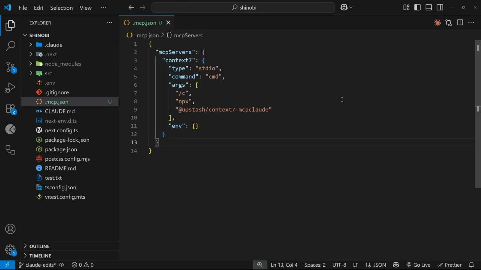 VS Code showing the .mcp.json file Claude Code created with the context7 server configured as a stdio process with command and args