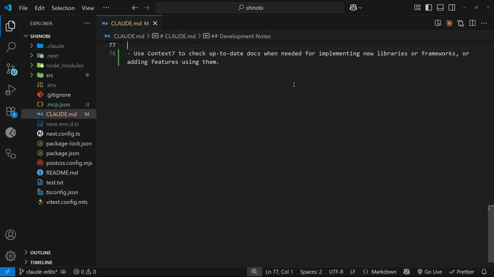 CLAUDE.md project memory file open in VS Code with a note to use Context7 for up-to-date docs when implementing new libraries