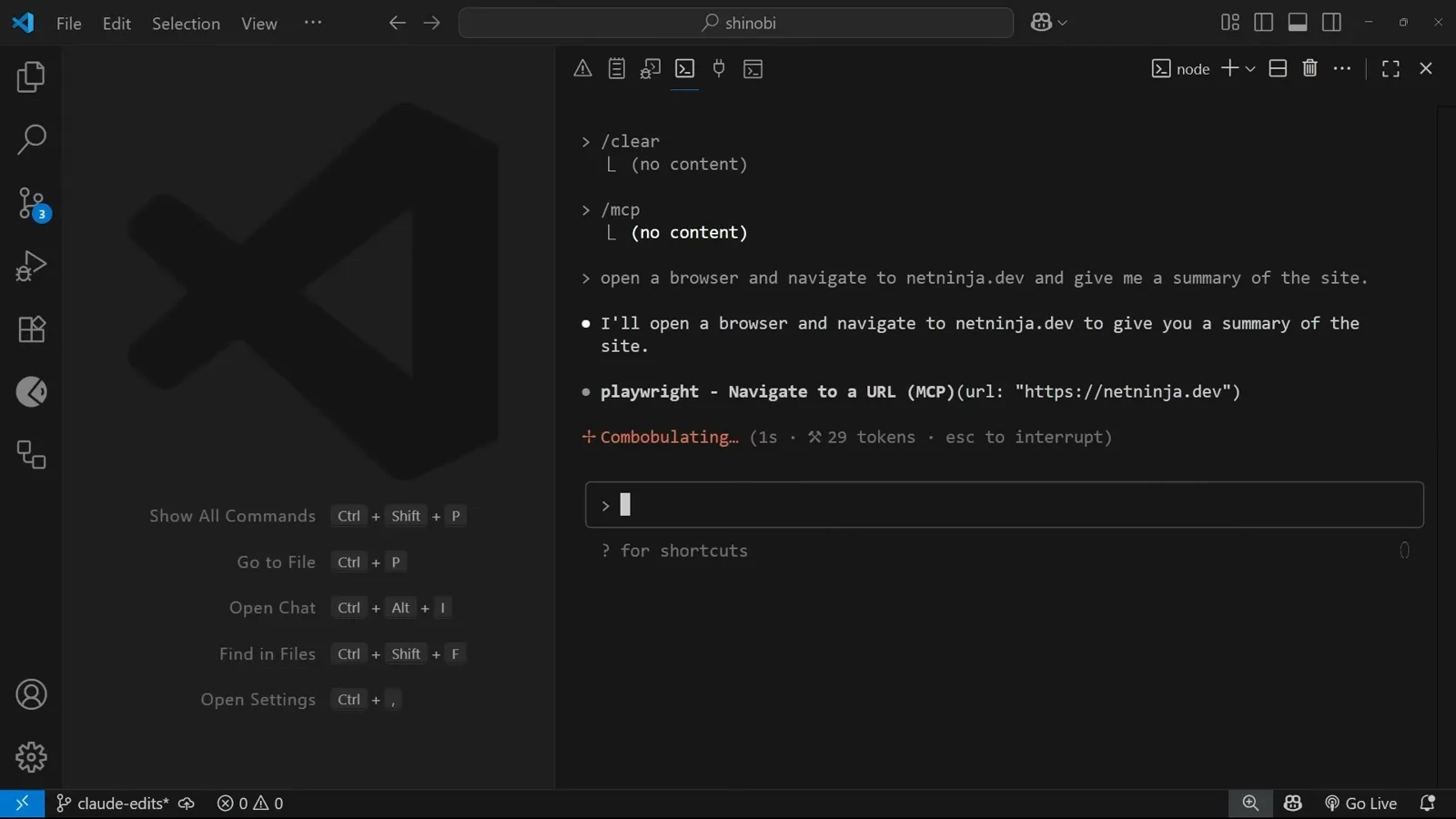 Claude Code invoking the Playwright MCP Navigate to a URL tool with https://netinja.dev to summarize the site in a real browser