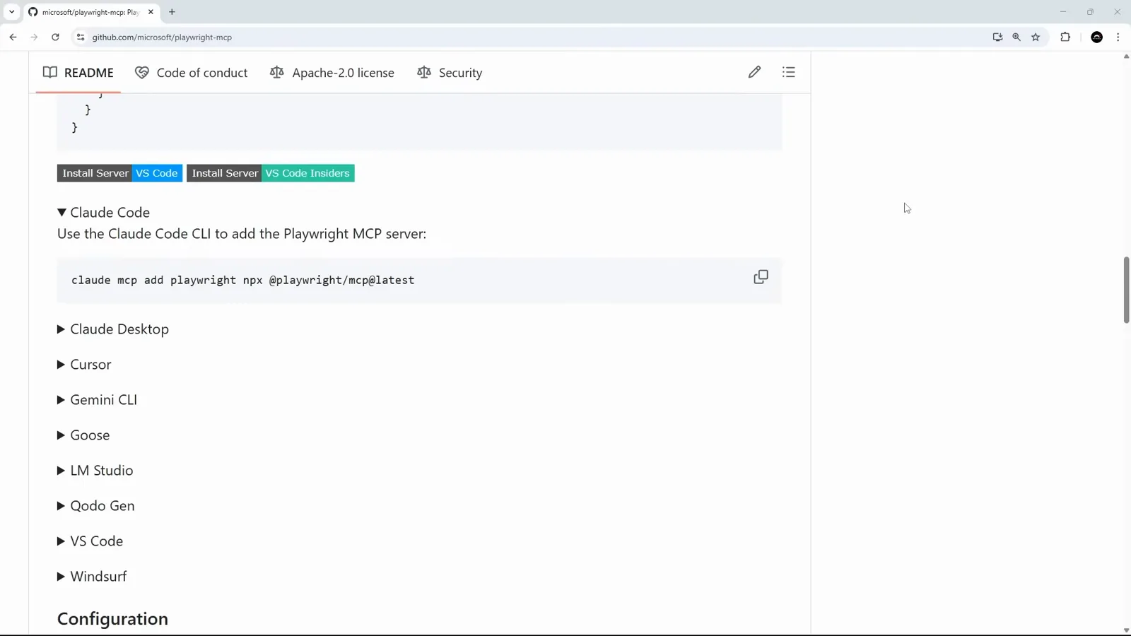 Playwright MCP GitHub README showing the claude mcp add playwright command for installing the browser automation server