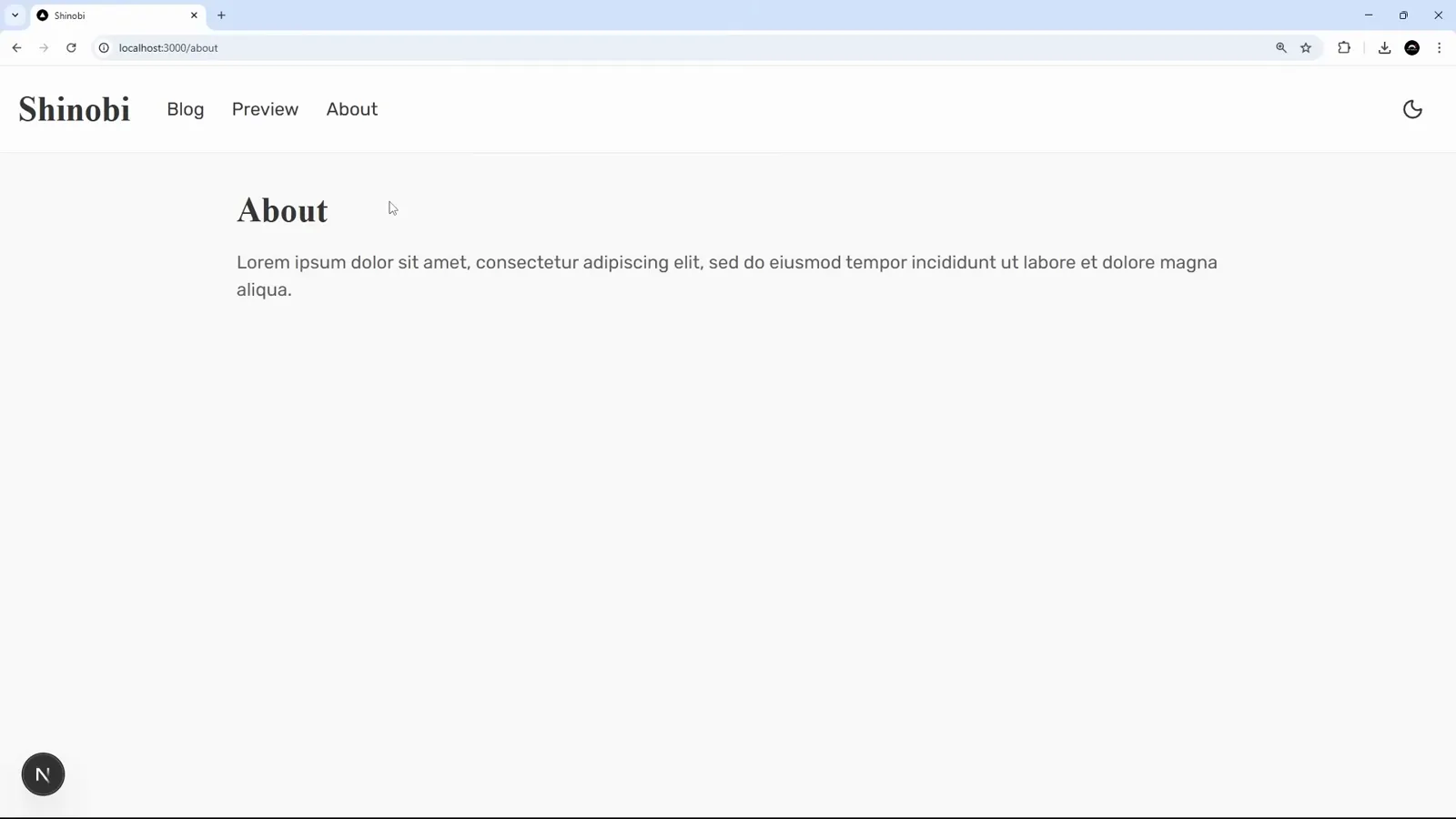 The header link, rendered Browser at localhost:3000/about showing the generated About page and the About entry in the header navigation that Claude Code added on its own