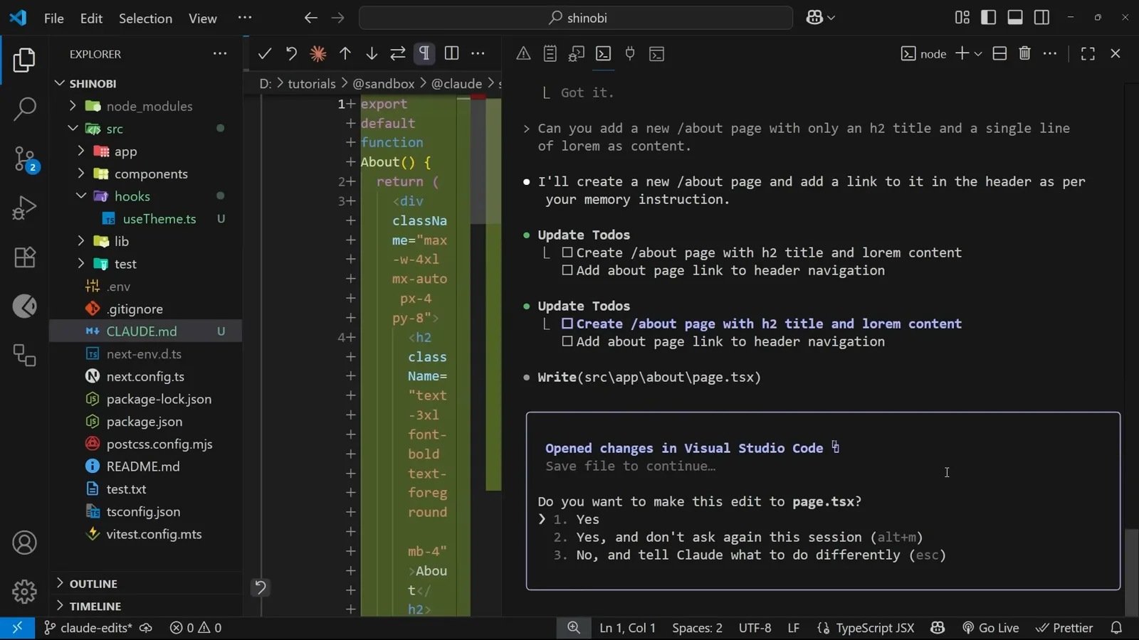The memory shows up in the plan To-do list generated by Claude Code for a new /about page, carrying the unrequested item Add about page link to header navigation pulled from CLAUDE.md, over the page.tsx edit approval prompt