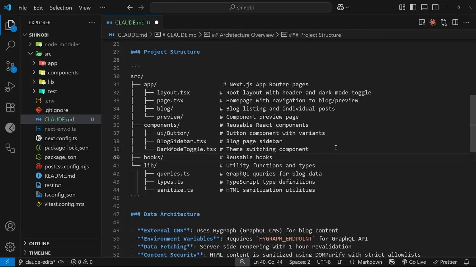 Telling Claude where hooks belong Hand-editing the Project Structure tree inside CLAUDE.md to add a hooks folder line reading Reusable hooks, with the editor tab still marked unsaved