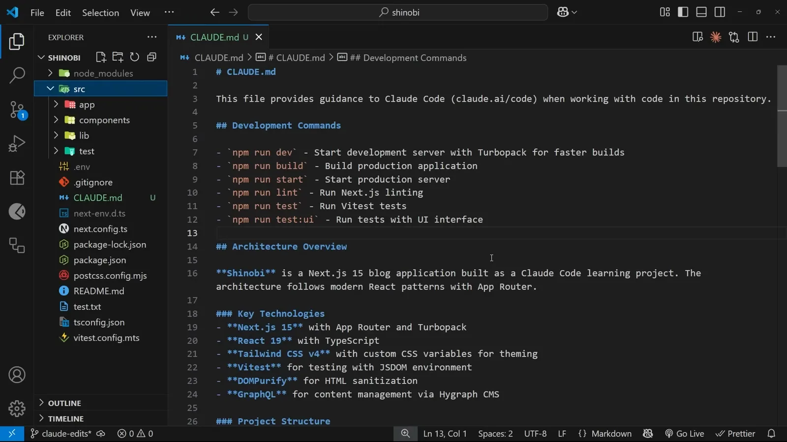 The memory file Claude Code reads before it touches your code CLAUDE.md file generated by Claude Code /init, open in VS Code with its Development Commands, Architecture Overview and Key Technologies sections