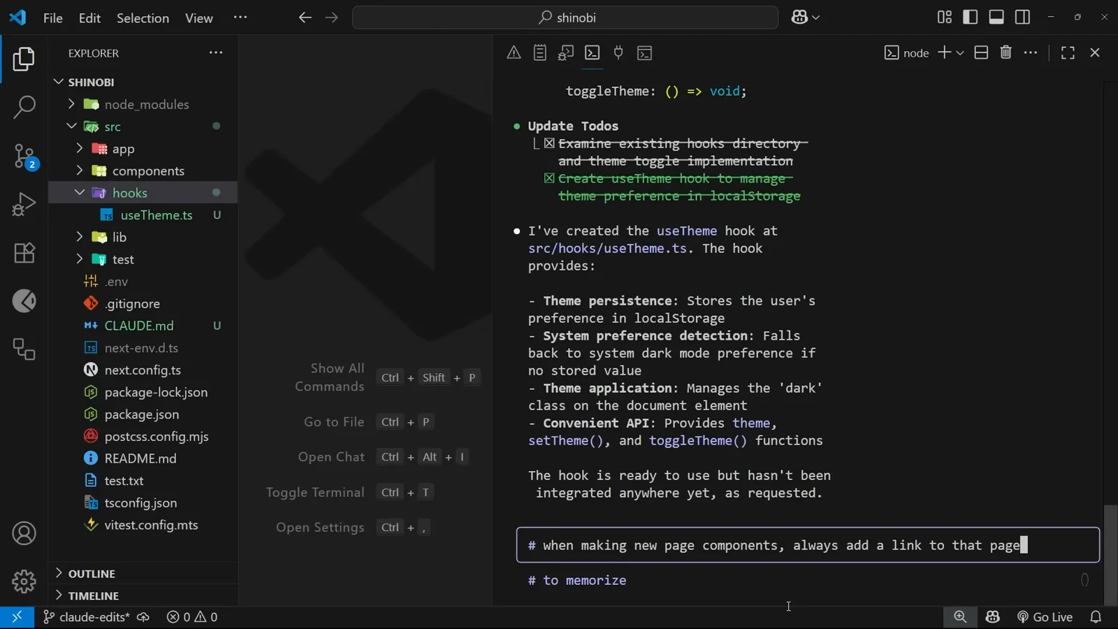 The # to memorize hint Typing a hash prefix in the Claude Code input box to memorize the rule that every new page component needs a header link, with the to memorize hint shown underneath