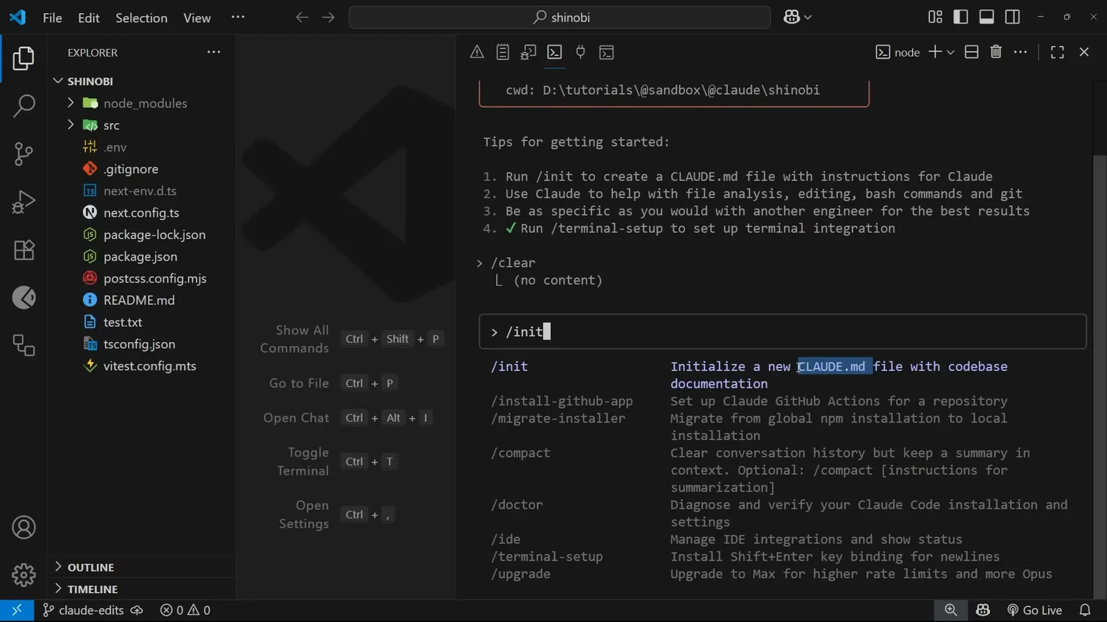 What /init says it will do Claude Code panel in VS Code with /init typed into the prompt and the autocomplete line Initialize a new CLAUDE.md file with codebase documentation