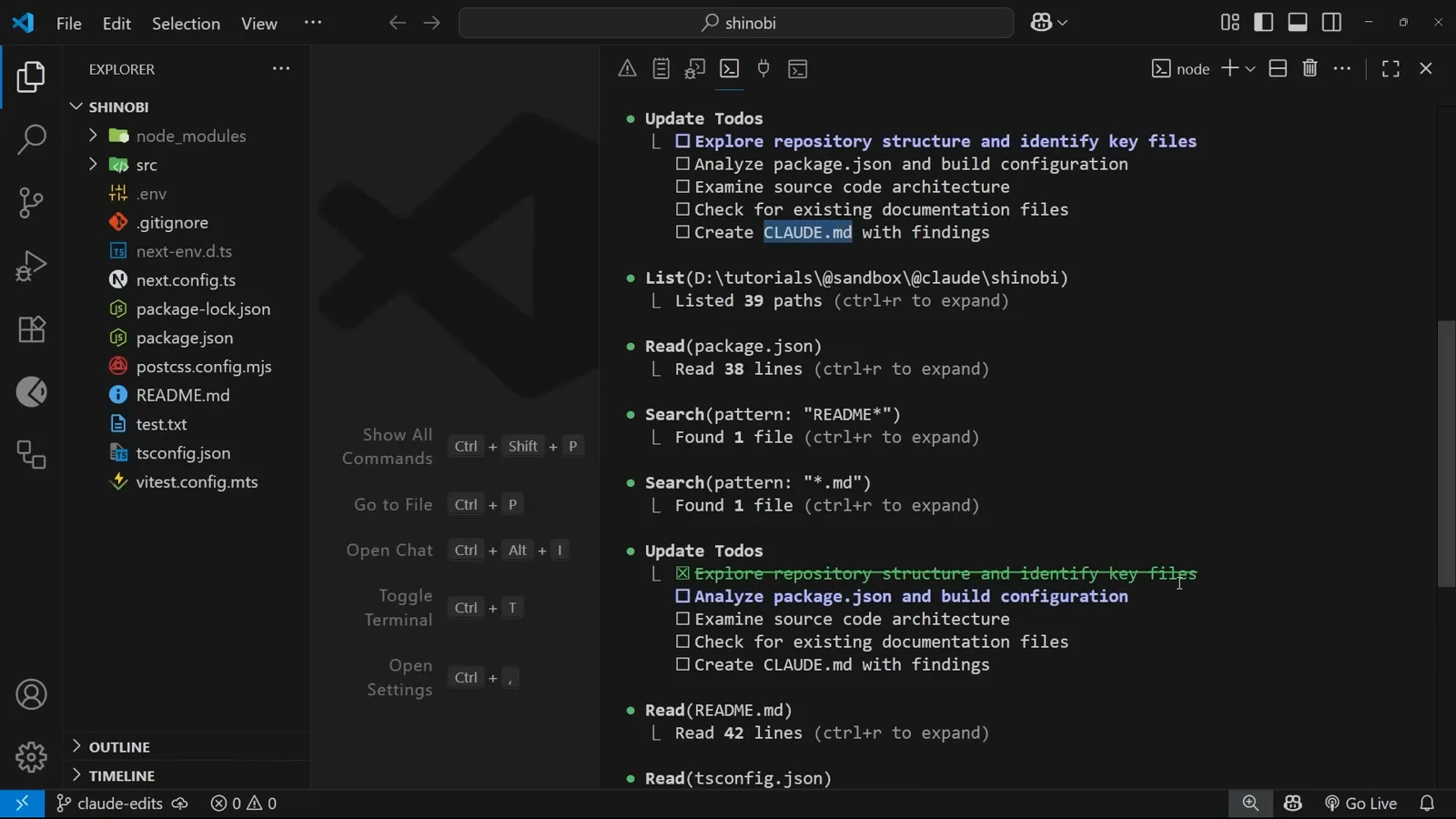 The scan plan Claude Code checks off as it reads /init scan progress inside Claude Code with a self-written to-do list — explore repository structure, analyze package.json, examine source code architecture, check for documentation files, create CLAUDE.md with findings — first item struck through