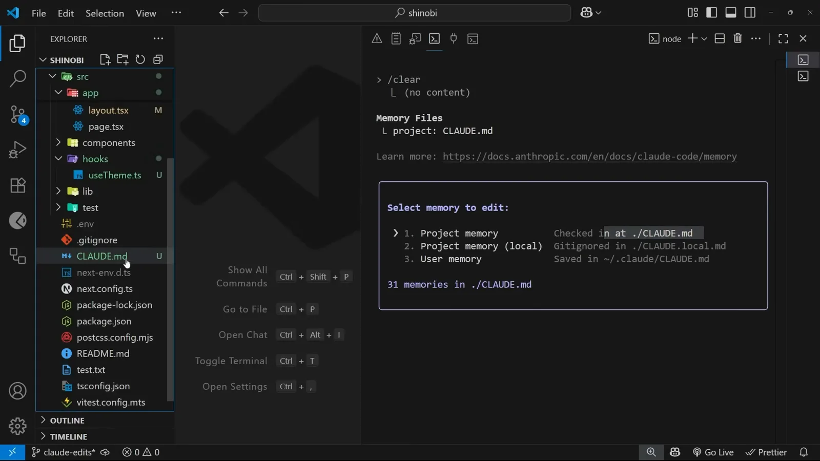 /memory opens any of the three /memory command output in Claude Code showing a Select memory to edit list of the project, project local and user CLAUDE.md files plus the memory count for the current project