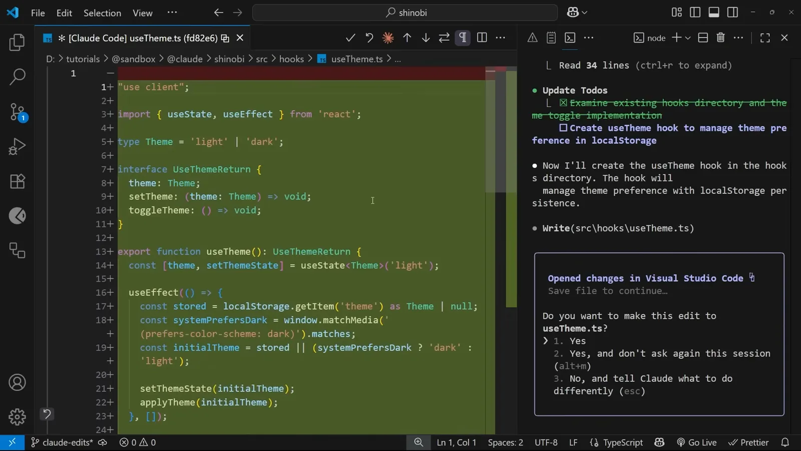 Claude files it where the memory said Diff of src/hooks/useTheme.ts in VS Code as Claude Code writes the file into the hooks folder declared in CLAUDE.md, above the Do you want to make this edit to useTheme.ts? approval dialog