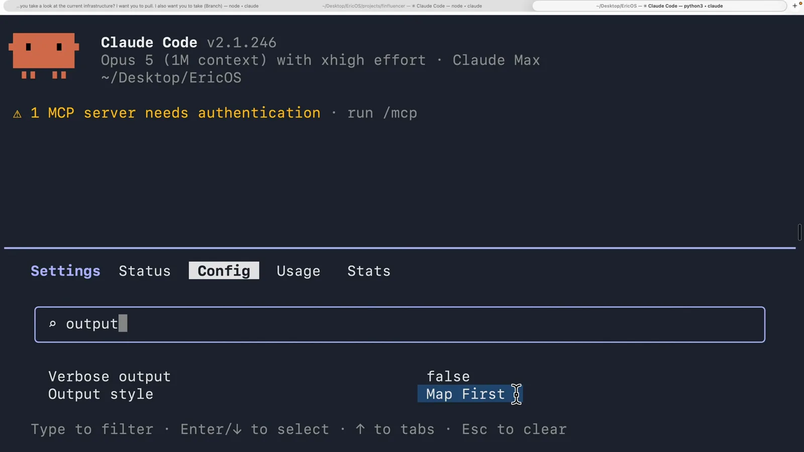 Claude Code Config screen filtered by the word output, leaving two rows: Verbose output false and Output style set to Map First with the value highlighted