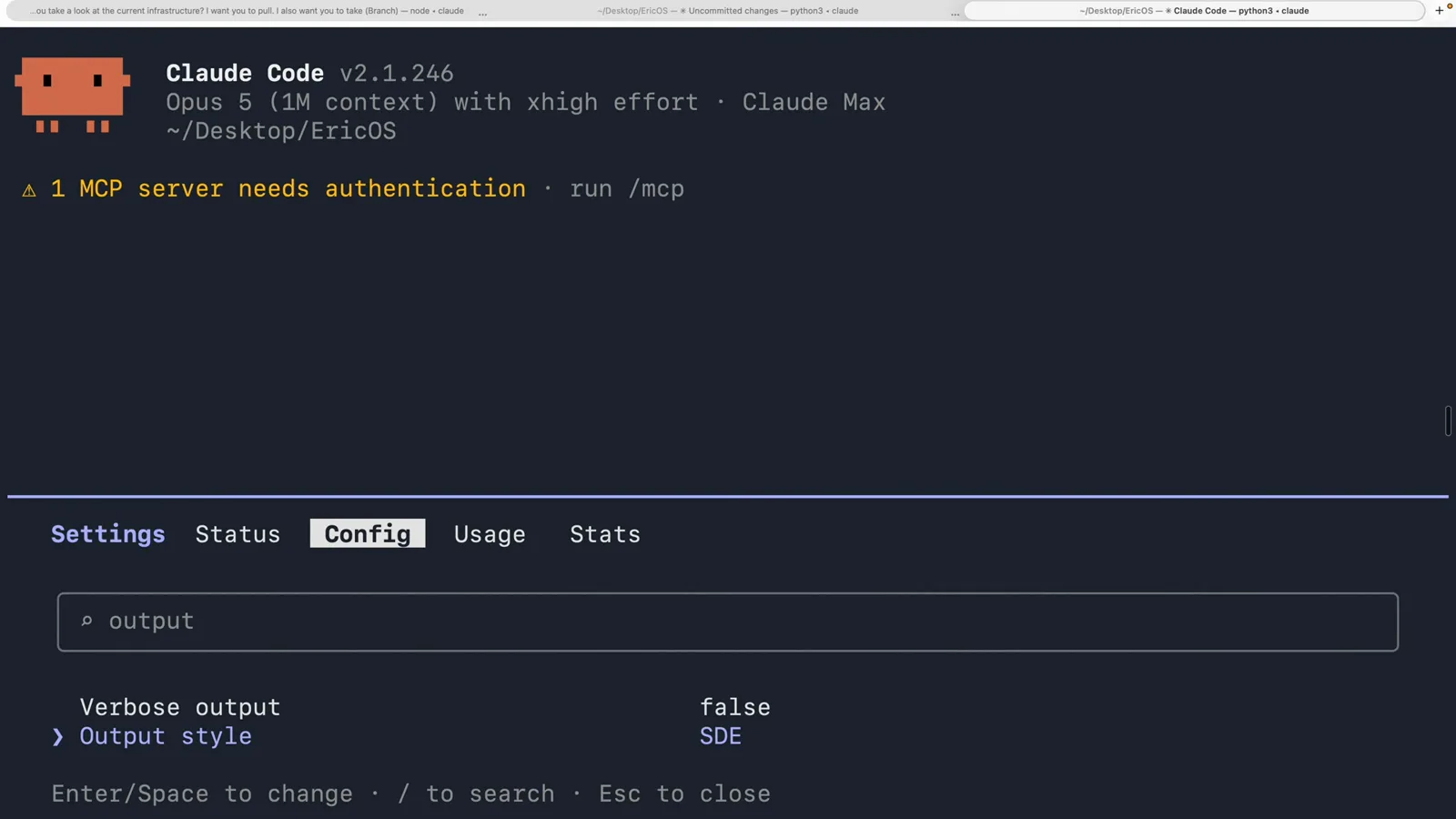 Claude Code Config screen filtered on output with the Output style row selected and reading SDE, showing that the style a teammate picks is stored as one setting value