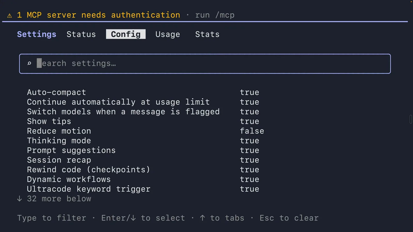 Claude Code /config screen open on the Config tab with Settings, Status, Usage and Stats tabs beside it and Auto-compact, Thinking mode, Session recap and Ultracode keyword trigger listed above a Search settings box
