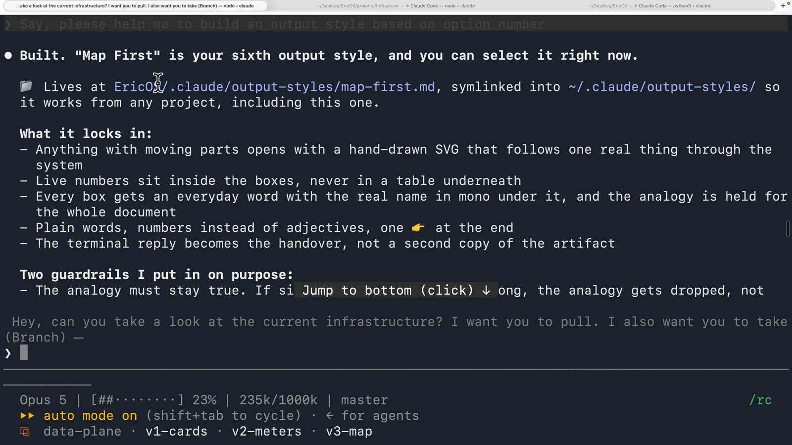 Claude Code reply confirming it has built Map First as the sixth output style at EricOS/.claude/output-styles/map-first.md symlinked into ~/.claude/output-styles, followed by the five rules the style locks in