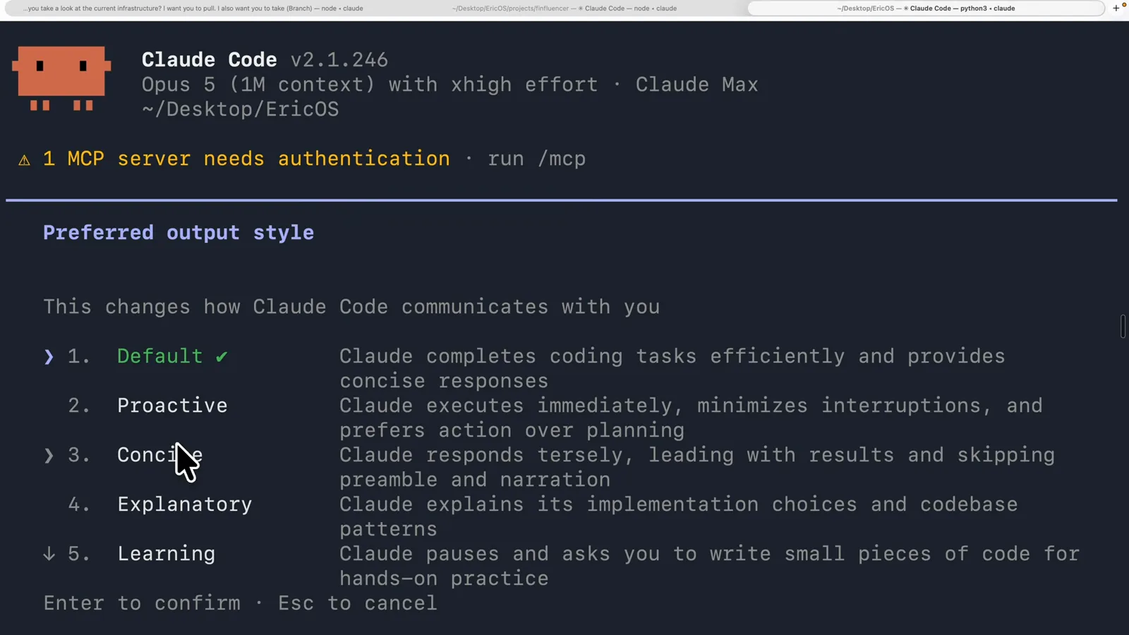 Claude Code output style picker with the mouse pointer hovering option 3 Concise, described as responding tersely, leading with results and skipping preamble and narration, while the keyboard cursor and the green tick stay on 1 Default