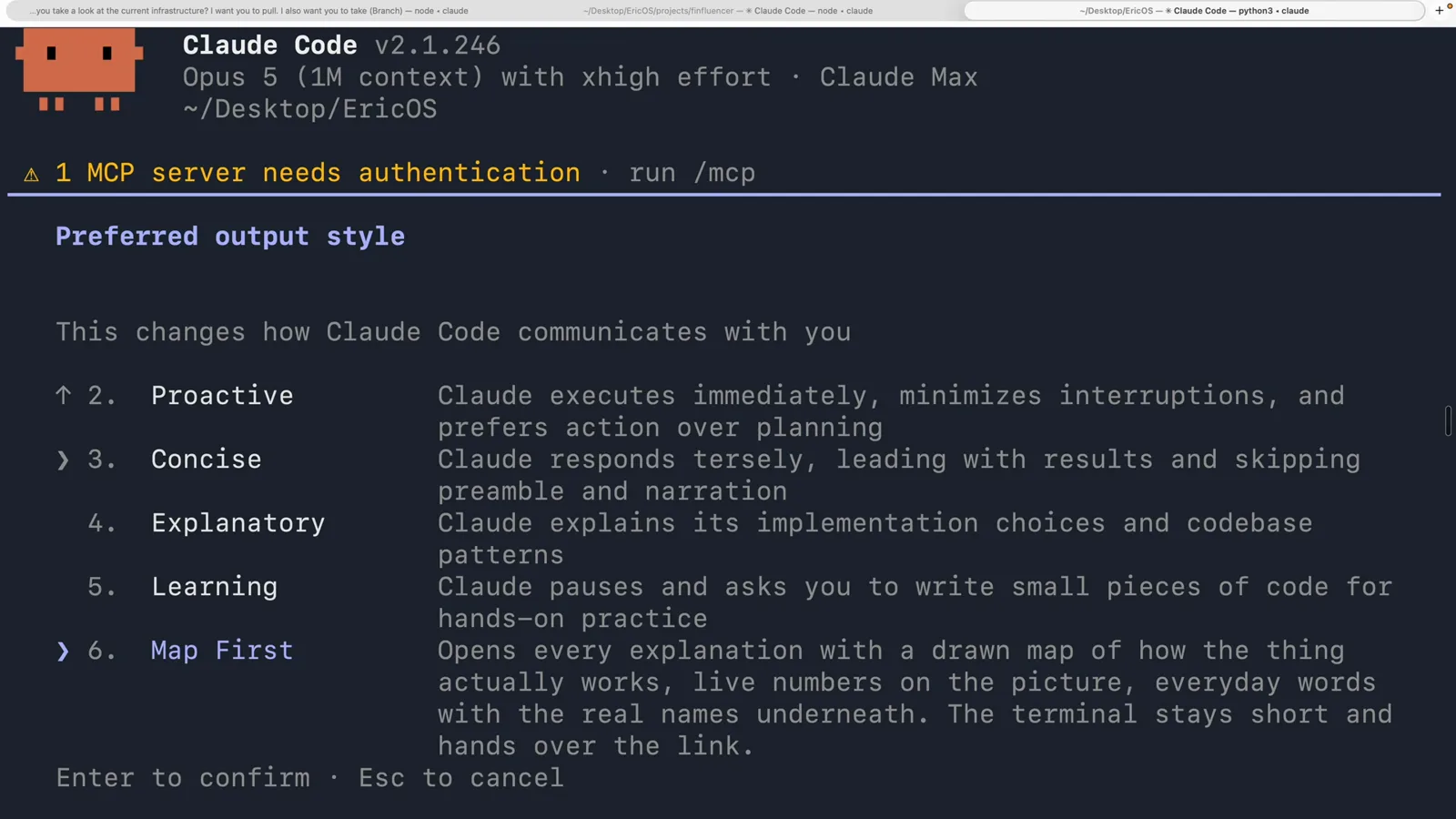 Claude Code Preferred output style menu scrolled down to option 6 Map First, a custom style whose description promises a drawn map of how the thing actually works with live numbers on the picture