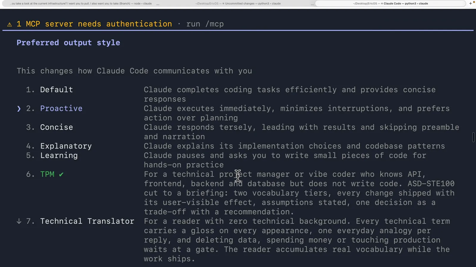 Claude Code output style picker with the cursor arrow on option 2 Proactive, described as executing immediately, minimizing interruptions and preferring action over planning