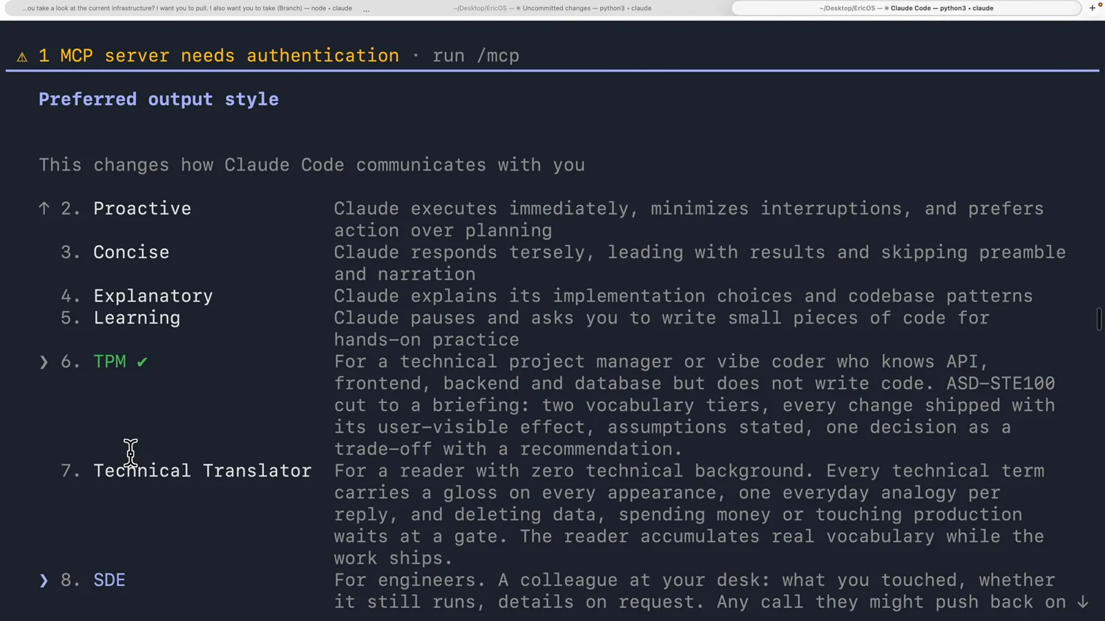 Claude Code output style picker showing the five built-in styles followed by a custom entry 6 TPM ticked green as active and 7 Technical Translator below it in a shared project