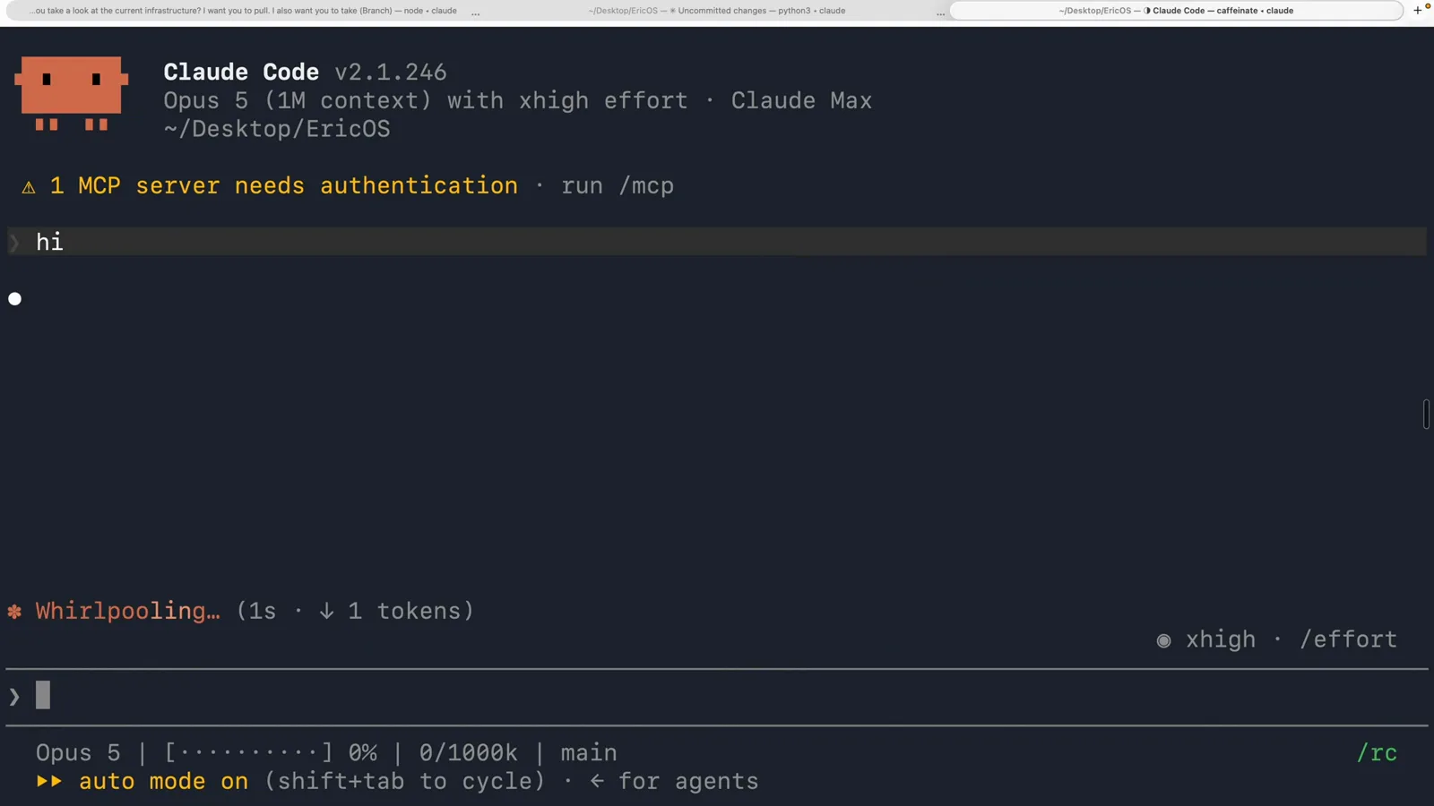A fresh Claude Code session on the SDE output style with a single hi message sent and the Whirlpooling status line still running at 1 token, the fastest way to hear what a style sounds like