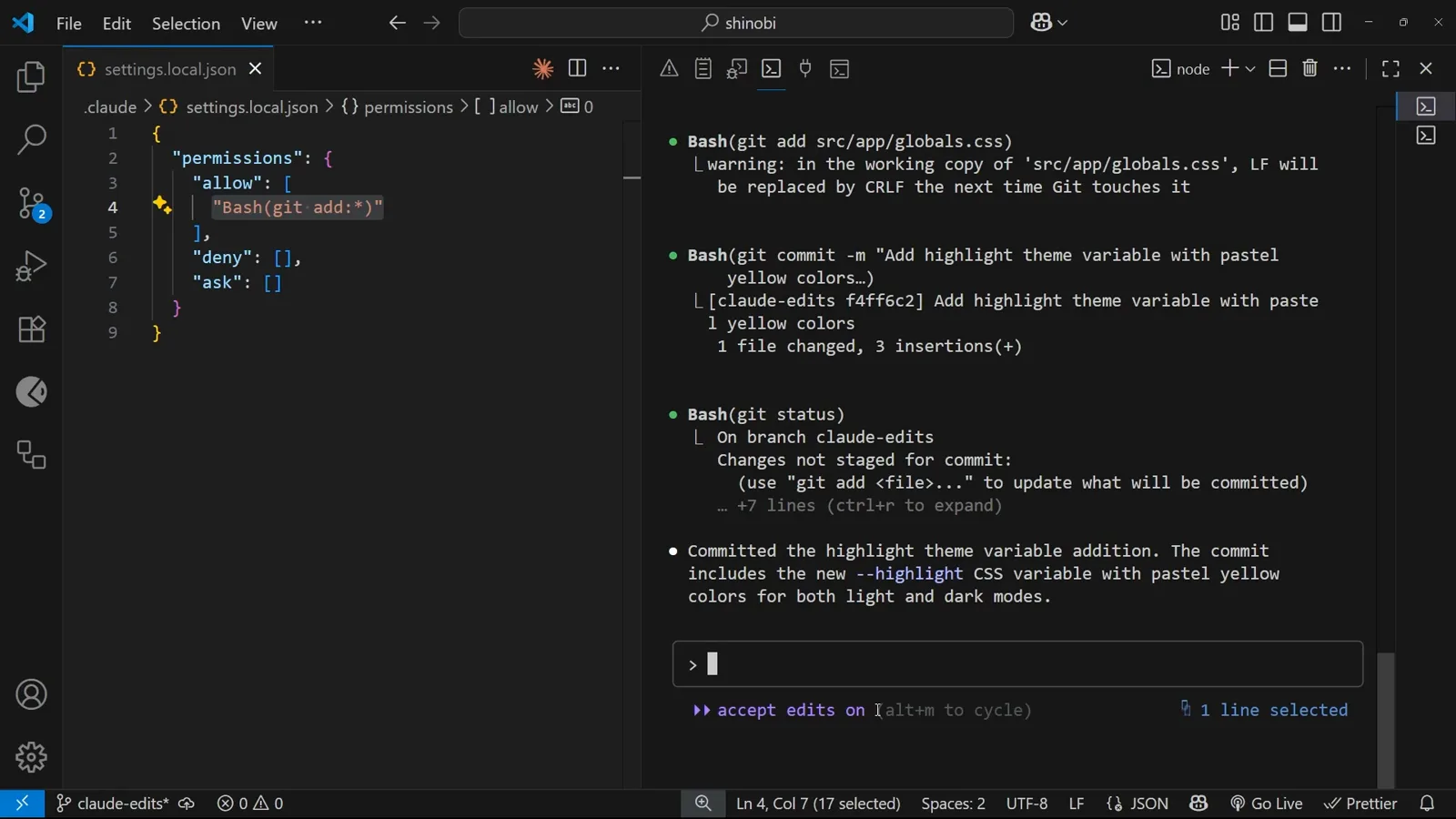 Accept edits on Claude Code input area displaying the highlighted accept edits on indicator with alt+m to cycle, meaning further file edits in this session run without permission prompts