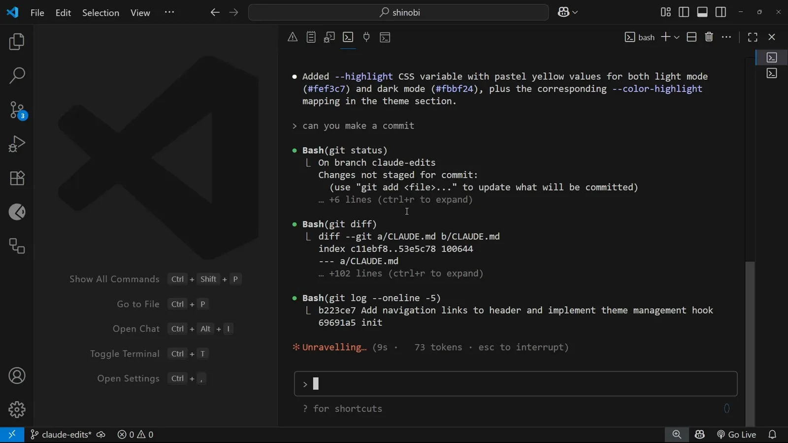 Bash inspects the repo without asking Claude Code Bash tool running git status, git diff and git log one after another with no approval prompt after a request to make a commit, each result collapsed behind ctrl+r to expand
