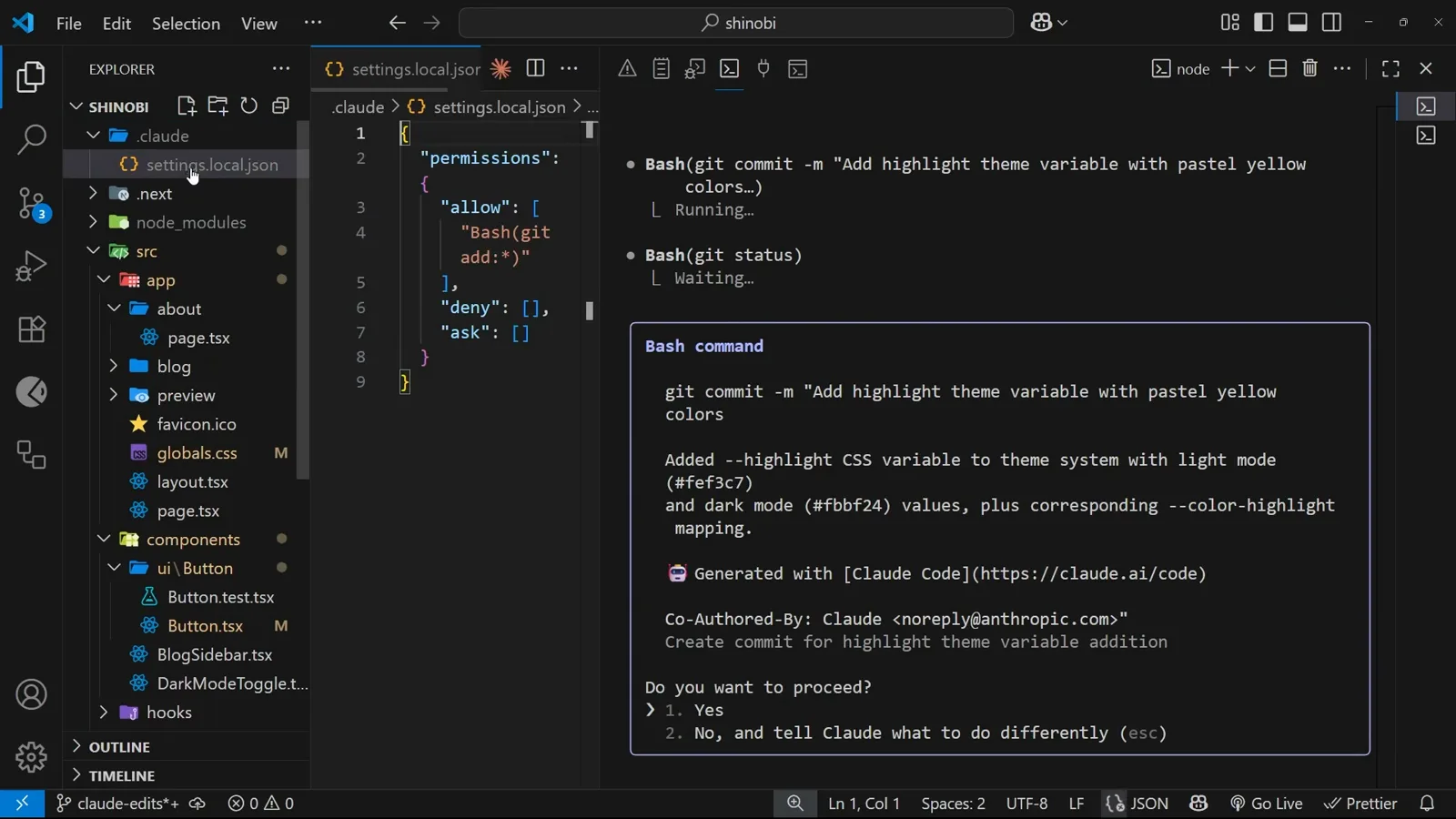 Where the allow list is stored VS Code explorer showing the .claude folder Claude Code created at the project root containing settings.local.json, next to a globals.css marked as modified
