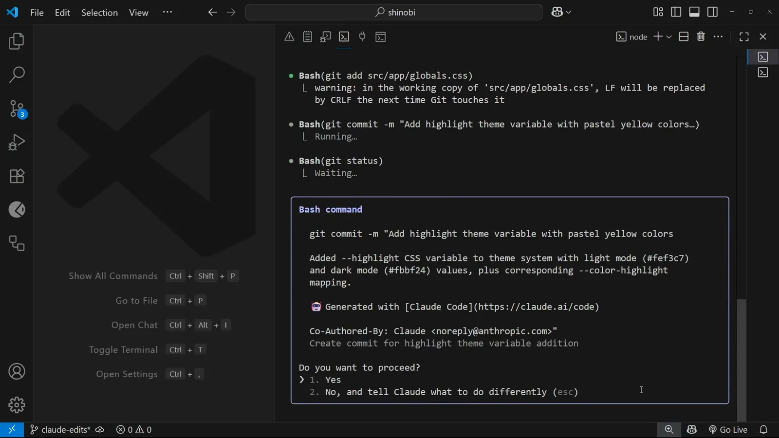 Staging now runs unattended Claude Code terminal where the just-allowed git add command has already run and only the following git commit still needs a Do you want to proceed answer