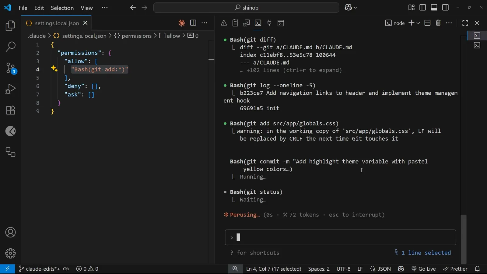 Bash(git add:*) in the allow array settings.local.json in Claude Code with a permissions object whose allow array holds the rule Bash(git add:*), shown alongside empty deny and ask arrays