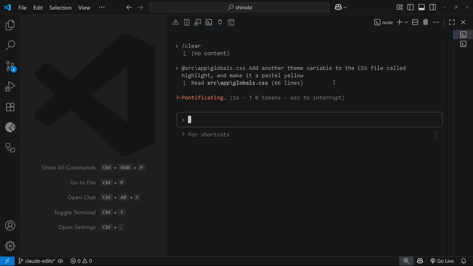 Asking for a new theme variable Claude Code prompt that @-mentions src/app/globals.css to add a highlight theme variable in pastel yellow, answered by a Read of 66 lines and a Pontificating status line