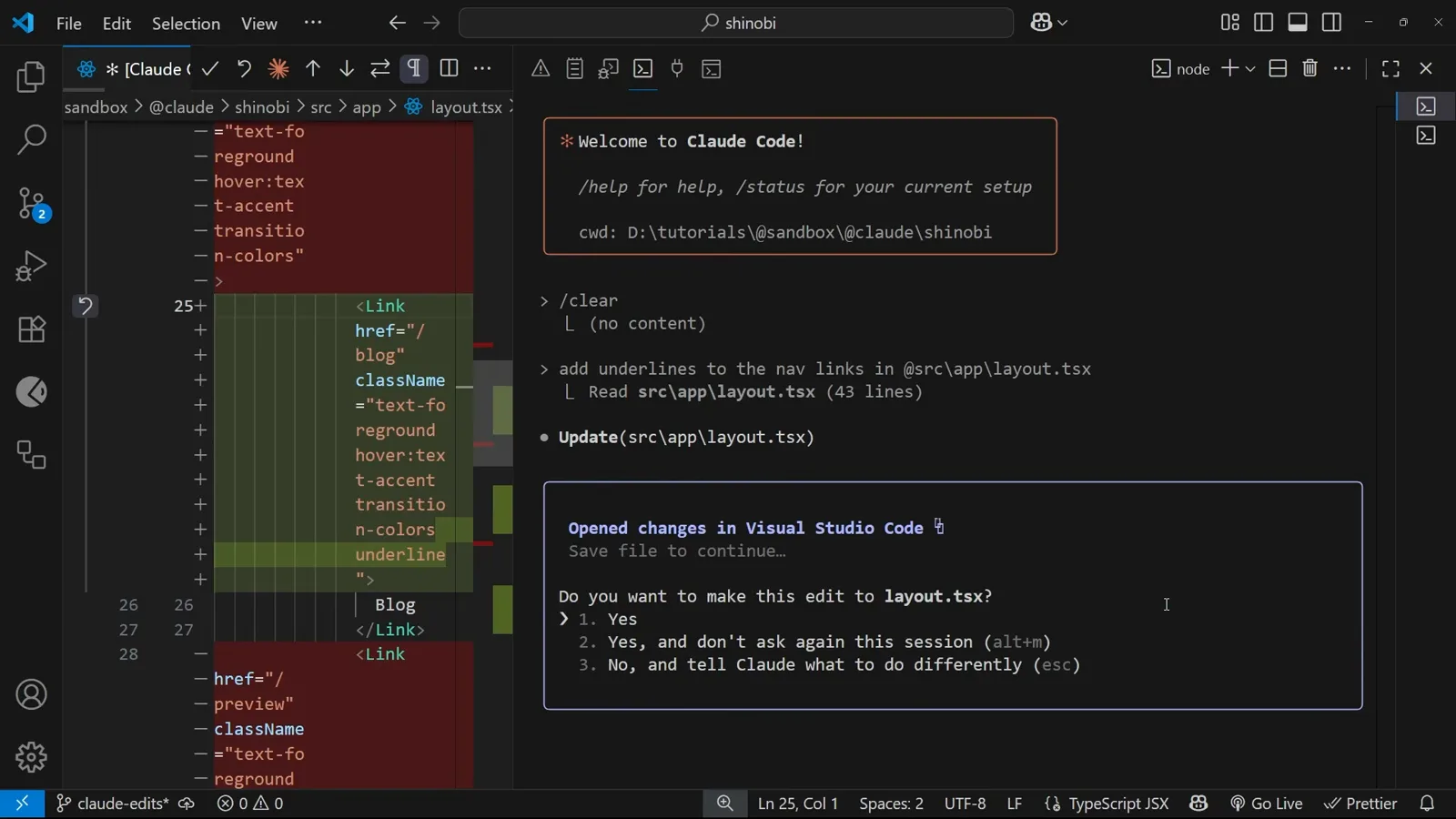 Read went through; Edit stopped Claude Code terminal inside VS Code where a Read of layout.tsx completed silently and the Update call right below it paused on a Do you want to make this edit to layout.tsx prompt