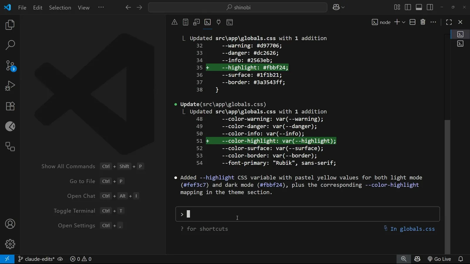 Third grant, then the summary Claude Code terminal after three separate approvals on one file, listing the added --color-highlight token mapping and summarising the pastel yellow values for light and dark mode