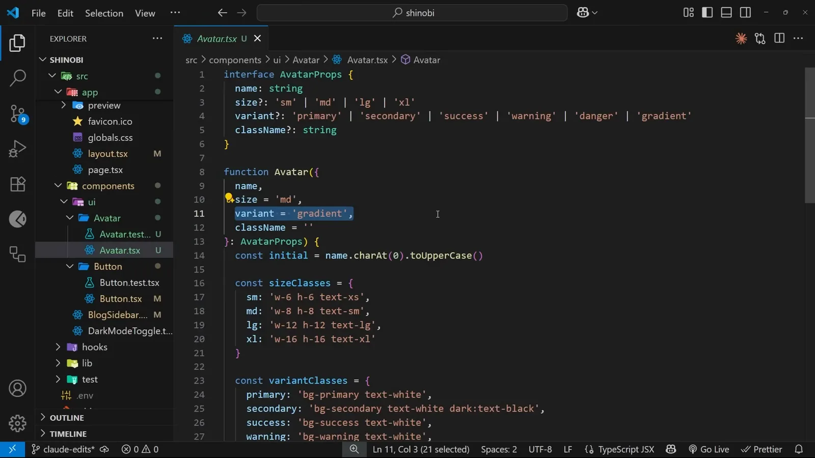Generated Avatar.tsx open in VS Code with an AvatarProps interface offering sm, md, lg and xl sizes plus primary, secondary, success, warning, danger and gradient variants, and const initial = name.charAt(0).toUpperCase()